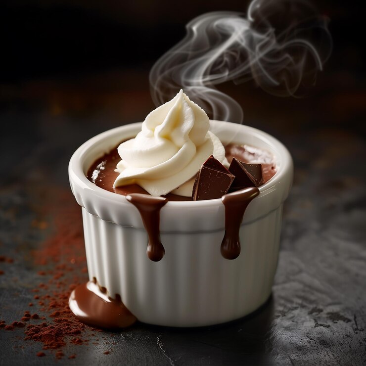 una taza de chocolate caliente de la que sale vapor