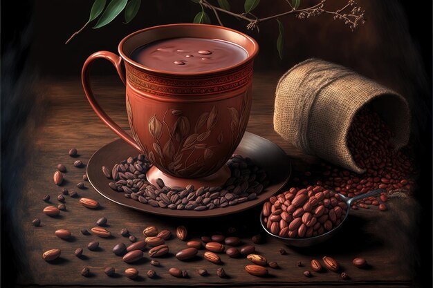 Una taza de chocolate caliente con sabor nutritivo de granos de cacao secos