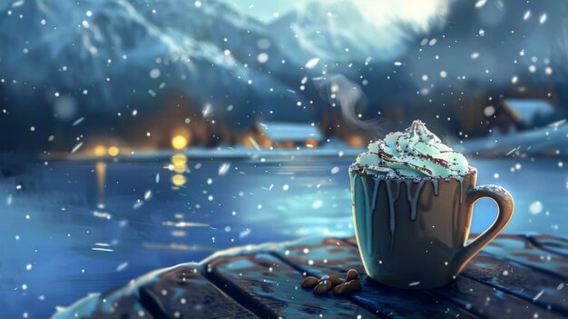 Foto una taza de chocolate caliente está sentada en una mesa de madera junto a un lago la nieve está cayendo suavemente creando una atmósfera pacífica y serena