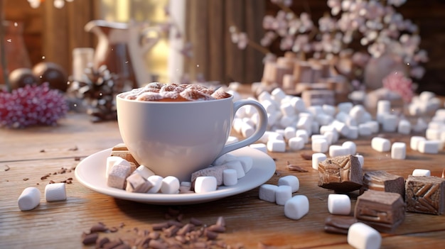 Una taza de chocolate caliente se sienta en una mesa con malvaviscos y trozos de chocolate.