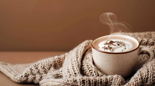 Una taza de chocolate caliente sobre un fondo marrón La taza está envuelta en una bufanda beige