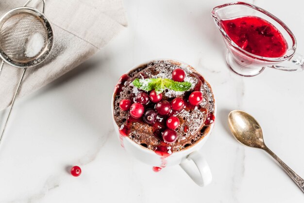 Taza de chocolate cupkake en taza de cerámica, con arándano y salsa