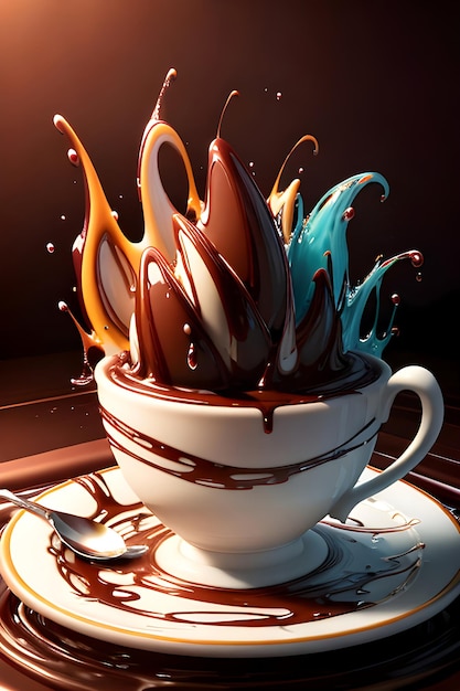 Una taza de chocolate está cubierta de líquido de varios colores que se genera