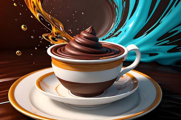 Una taza de chocolate está cubierta de líquido de varios colores que se genera