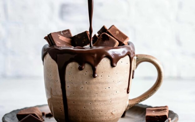 una taza de chocolate con leche y chocolate