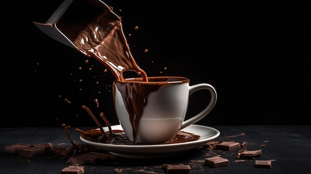 Una taza de chocolate se vierte en una taza.