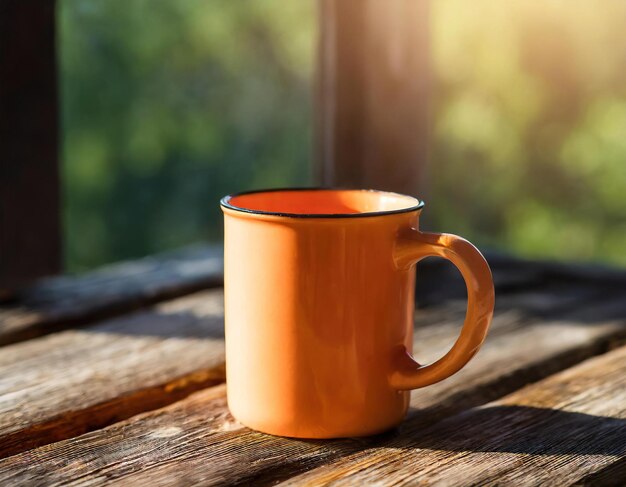 Una taza de color melocotón en una vieja mesa de madera en una habitación con una ventana