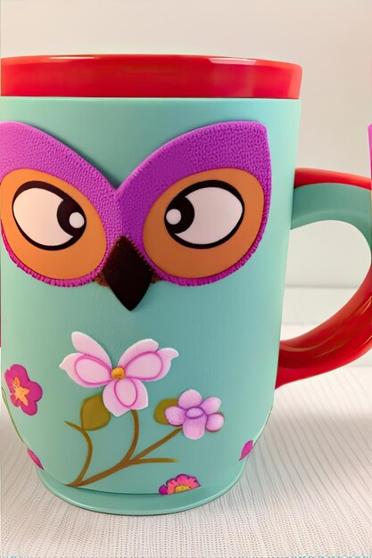 Taza colorida con cara de búho divertido en primer plano de fondo blanco