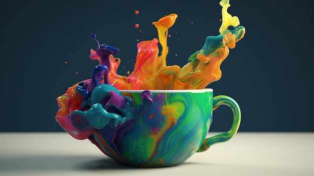 Una taza colorida con un líquido saliendo de ella.