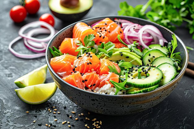 Taza com salmão, abacate e outros ingredientes Alimentação saudável gerada pela IA