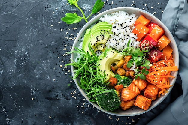 Taza com salmão, abacate e outros ingredientes Alimentação saudável gerada pela IA