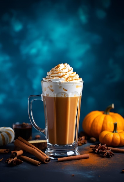 Taza de cristal de café con leche picante o capuchino con leche batida Creativa composición otoñal estacional decorada con canela, anís, calabaza estrella sobre fondo azul turquesa oscuro