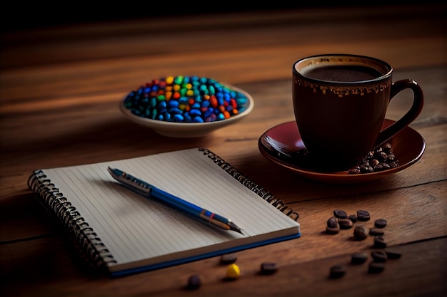 Taza de cuaderno de café y granos de café sobre la mesa IA generativa