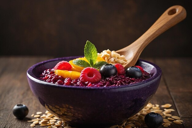 Taza de açaí com uma colher de madeira no lado