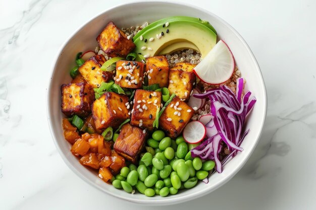 Taza de Buda vegana nutritiva com tofu de quinoa e vegetais