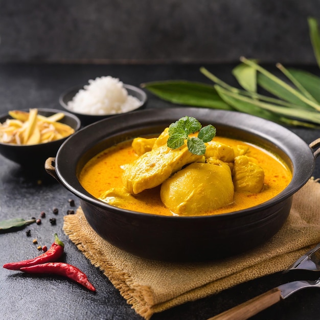 Taza de curry amarelo tailandês Curry de frango com frutos do mar fundo branco
