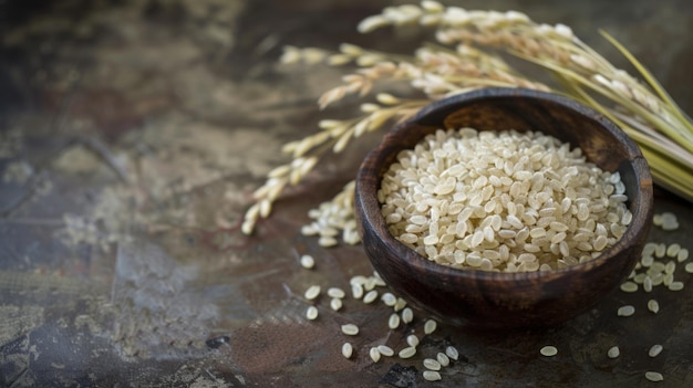 Taza de madeira com arroz e caule de trigo