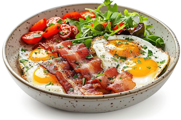 Taza de pequeno-almoço fresca isolada em fundo branco com ovos de bacon e salada Generative Ai