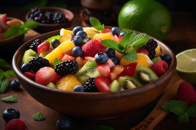 Taza de salada de frutas frescas saudáveis em fundo de madeira vista superior rede neural ai gerada