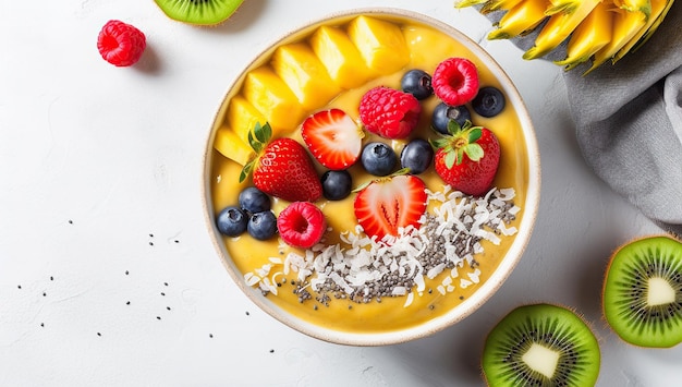 Taza de smoothie de frutas com bagas de manga e coco servida em uma tigela de cerâmica O conceito de vegetarianismo e estilo de vida saudável