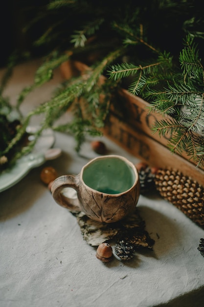 taza decorativa con conos y nueces sobre el fondo de una caja con ramas verdes de agujas aromáticas