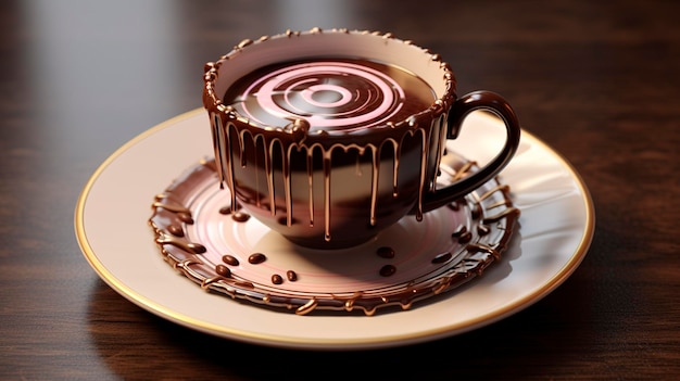 Una taza desbordante de rico chocolate derretido en un platillo rodeado de granos de café y un cálido