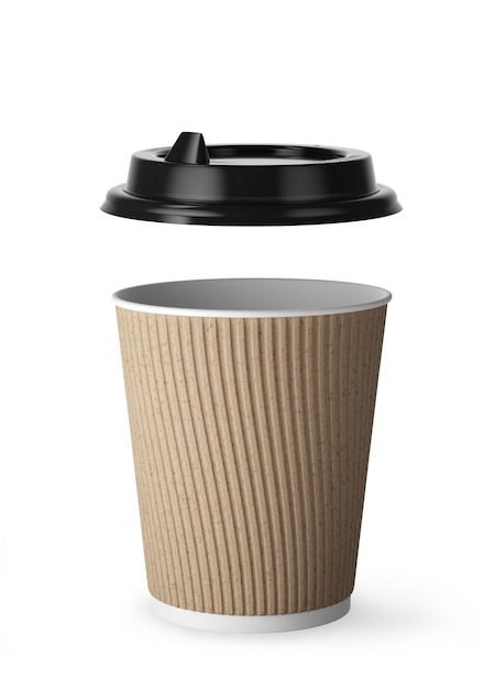 Taza desechable de café para bebidas calientes de papel blanco con tapa negra y funda combinada de papel kraft. Tapa de plástico negro por separado. Render 3D.