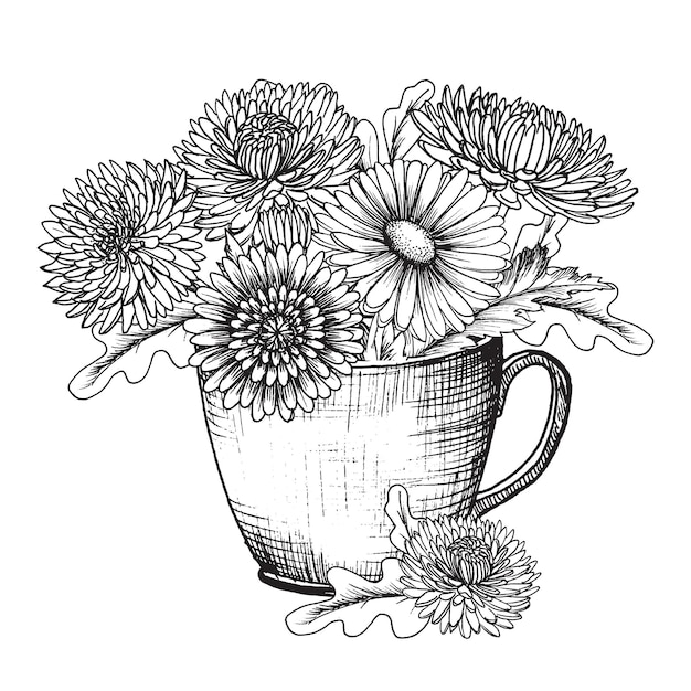 Taza dibujada a mano con flores en un fondo transparente dibujo gráfico de flores de otoño en taza