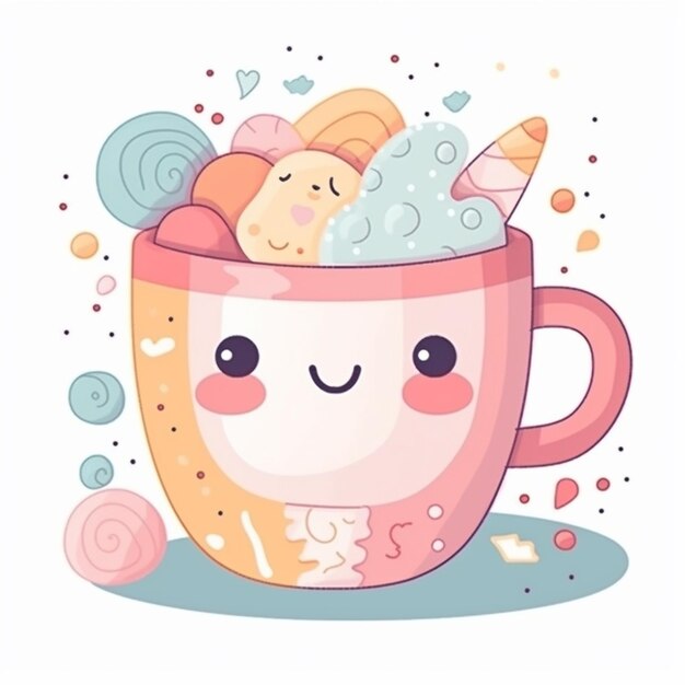 Foto taza de dibujos animados con una cara linda y un montón de caramelos generativo ai