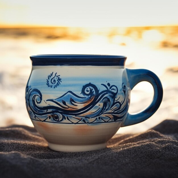 Una taza con un diseño de olas se sienta en una playa.