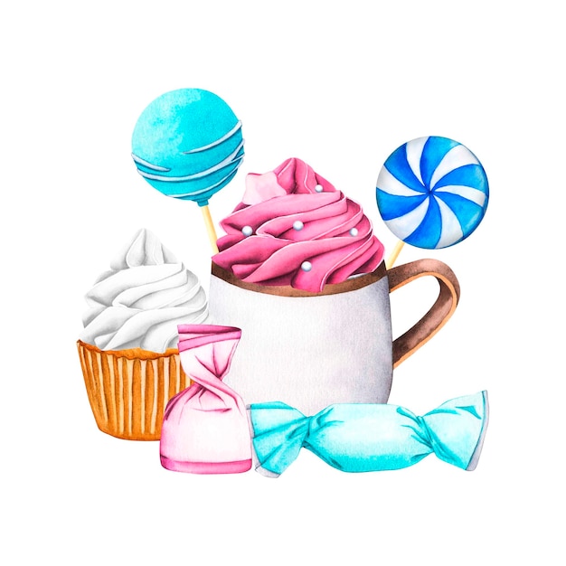 Foto taza con dulces crema de bayas rosas ilustraciones en acuarela dulces en envoltura rosada piruleta azúcar caramelo en envoltura azul arte de clip para el día de san valentín o cumpleaños