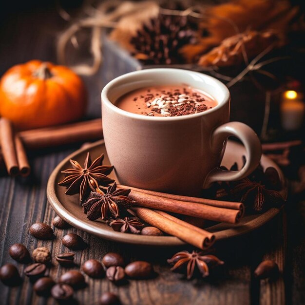 taza de especias de calabaza tarde con palitos de canela