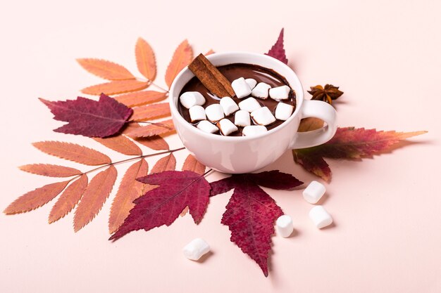 Taza espesa de chocolate caliente con malvavisco en hojas de otoño.