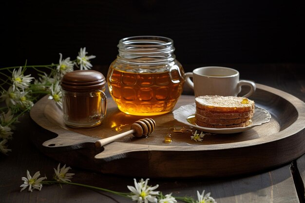 Taza de espresso en una mesa de madera rústica con un jarrón de flores