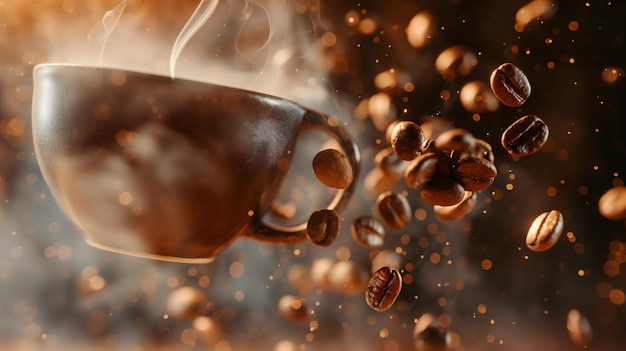 Taza de experiencia de café aromático con vapor y granos de café en luz ambiente