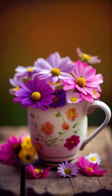 Una taza de flores en una mesa