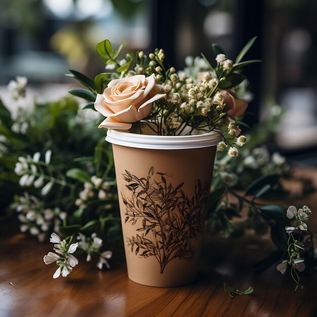 una taza de flores con las palabras "flores" a un lado.