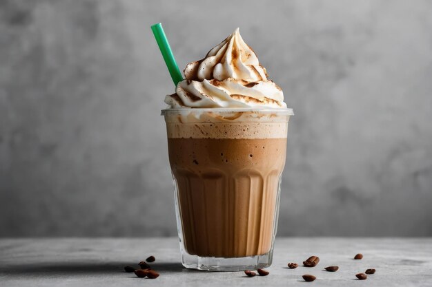 taza de frappe aislada con crema sobre un fondo blanco