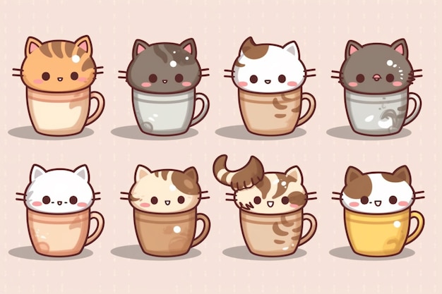 Una taza de gato de dibujos animados con diferentes gatos en ella