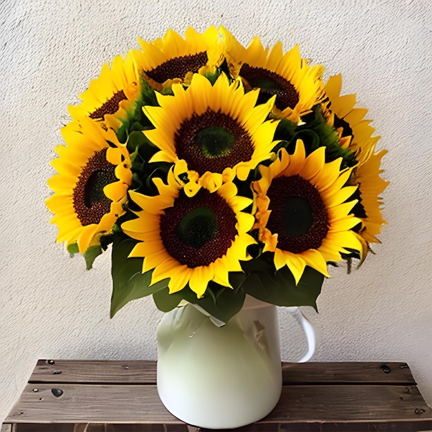 Foto taza de girasol en una mesa de madera en casa