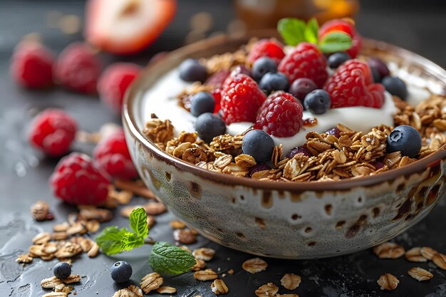 Una taza de granola con bayas y yogur