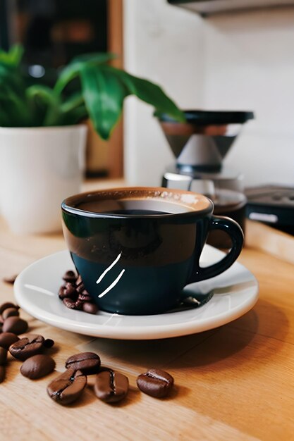 Taza y granos de café deliciosos