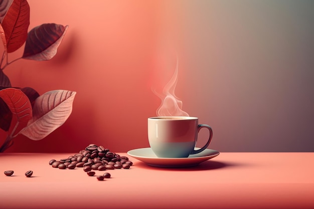 Taza y granos de café sobre la mesa en un espacio rosa suave y vacío