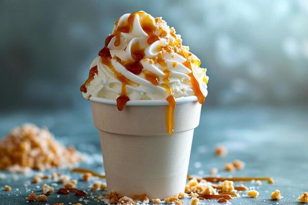 Una taza de helado con caramelo en la parte superior y trozos de chocolate esparcidos