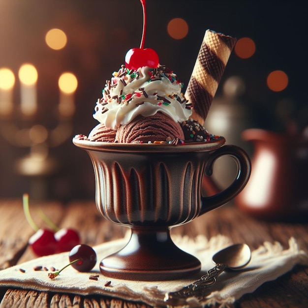 Foto una taza de helado con una cereza en la parte superior