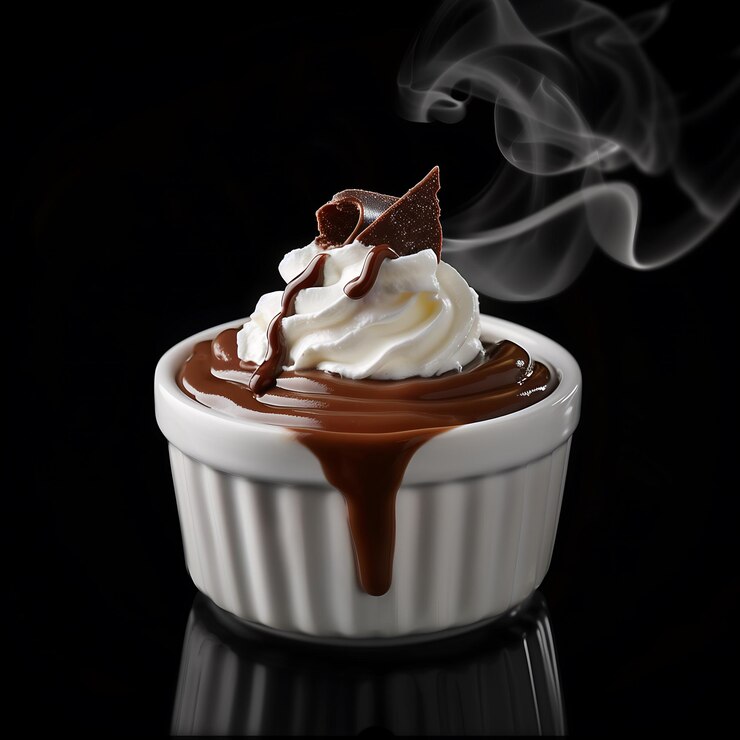 una taza de helado de chocolate con vapor saliendo de él