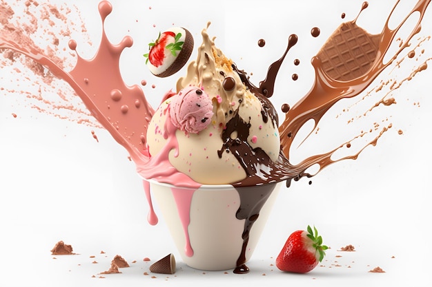 Taza de helado cremoso de fresa y chocolate derramándose con fondo blanco