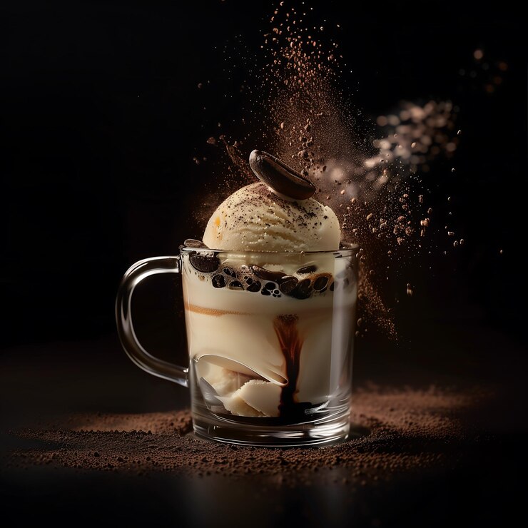 una taza de helado con una cuchara en ella