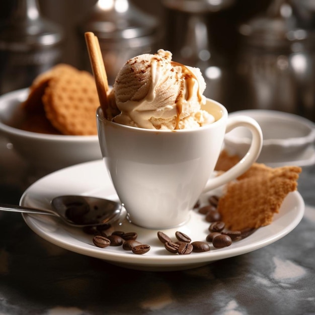 una taza de helado con una cuchara y helado en un plato.