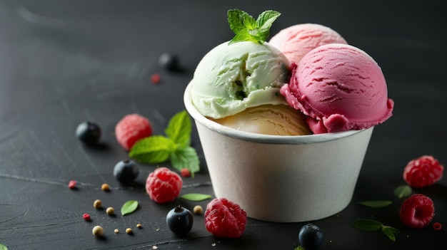 una taza de helado con frambuesas y frambuesas